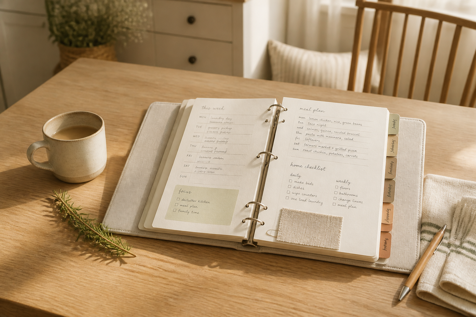 An open homemaking binder with weekly plans, meal ideas, and household checklists on a warm wooden table