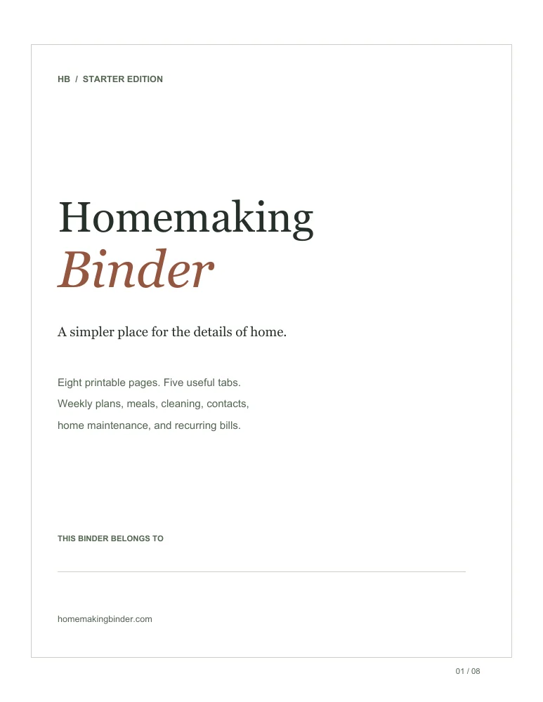 Cover of the eight-page Homemaking Binder starter kit