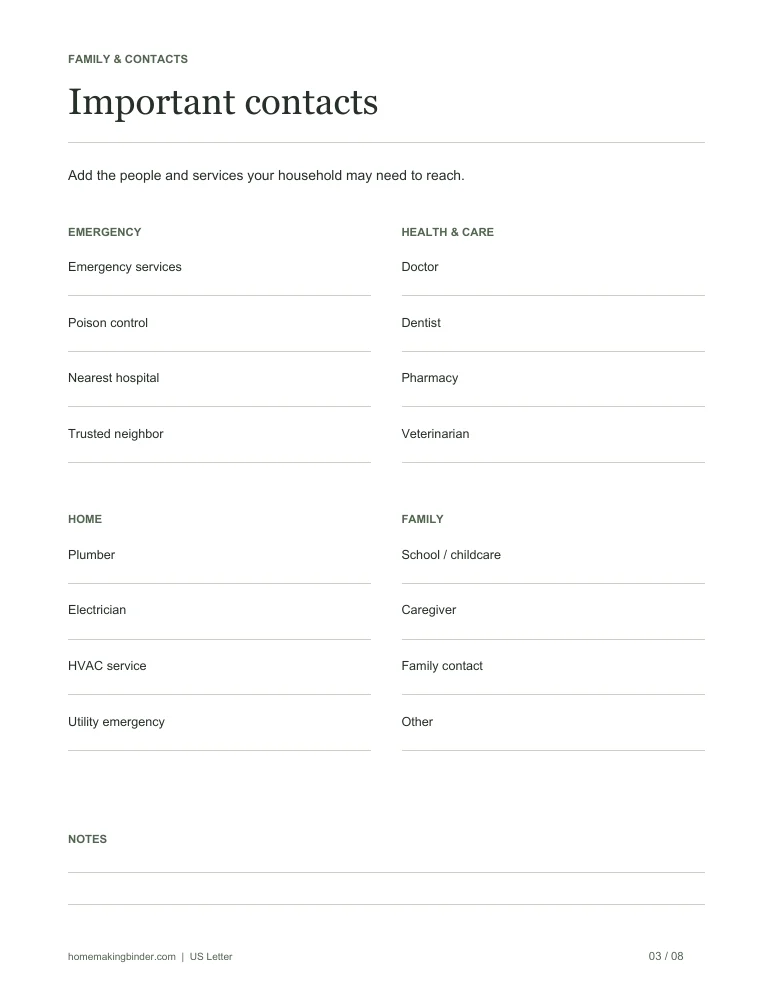 Important contacts printable worksheet