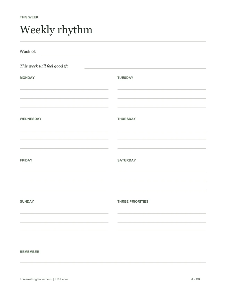 Weekly rhythm printable worksheet