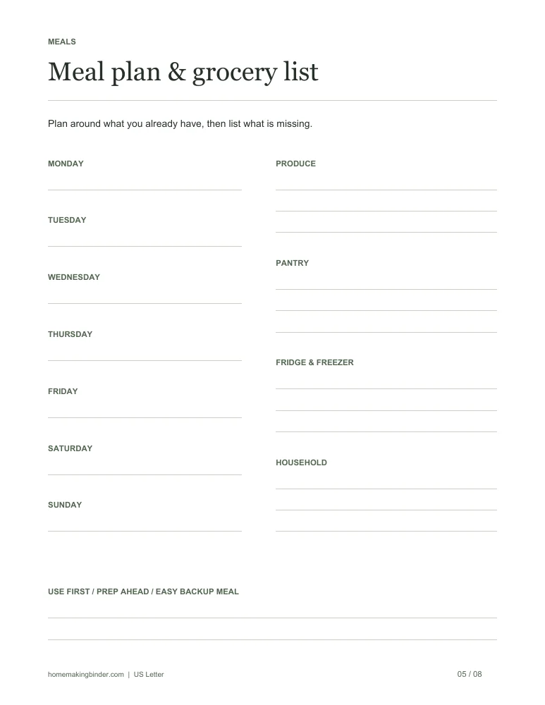 Meal plan & grocery list printable worksheet