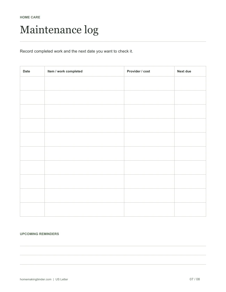 Maintenance log printable worksheet