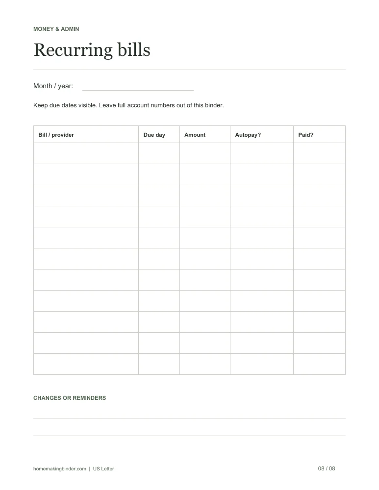 Recurring bills printable worksheet